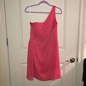 Coral "Guava" short one shoulder bridesmaid dress